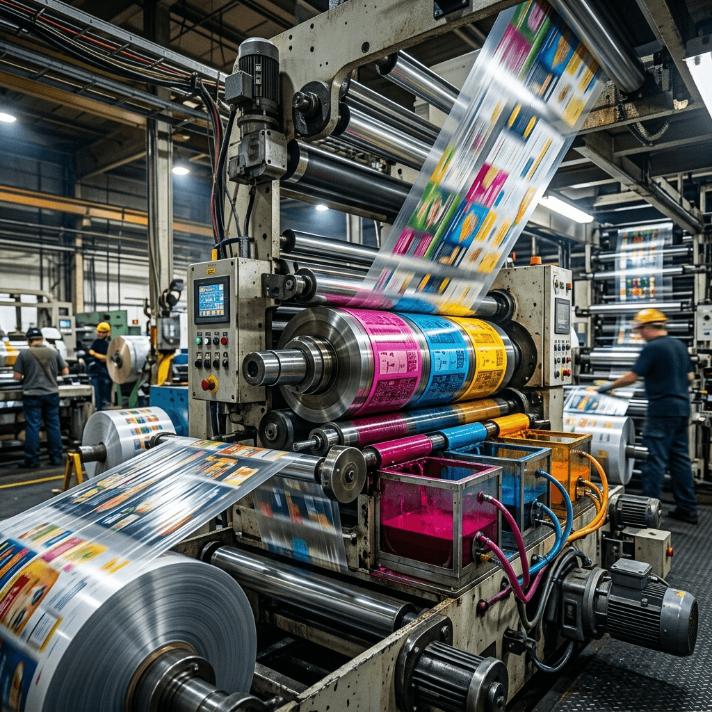 Hệ thống máy in flexo công nghiệp với nhiều trục in màu — chuẩn quốc tế cho ngành bao bì